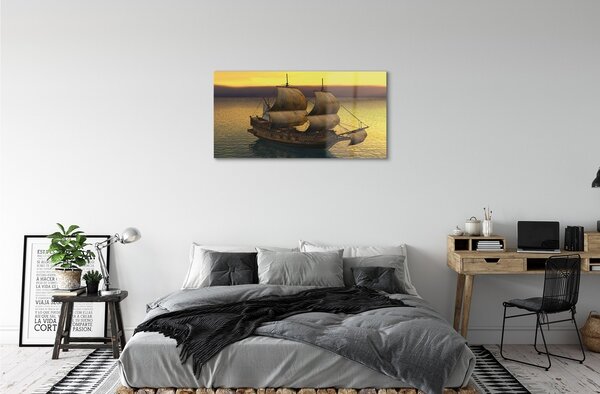 Quadro vetro Cielo giallo nave mare 100x50 cm 2 appendini