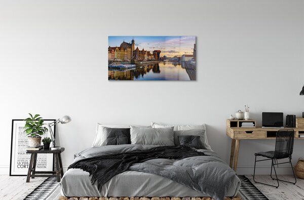 Quadro vetro Alba del fiume del porto di danzica 100x50 cm 2 appendini