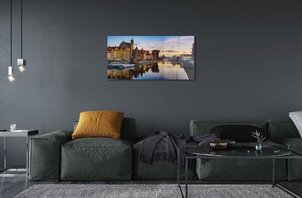 Quadro vetro Alba del fiume del porto di danzica 100x50 cm 2 appendini