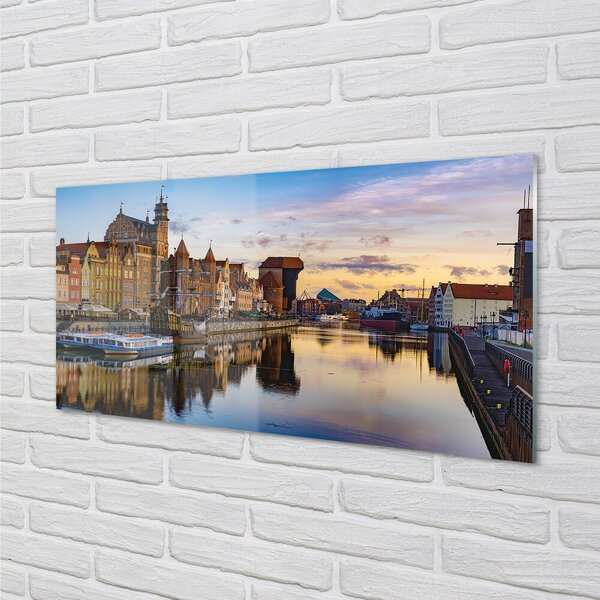 Quadro vetro Alba del fiume del porto di danzica 100x50 cm 2 appendini