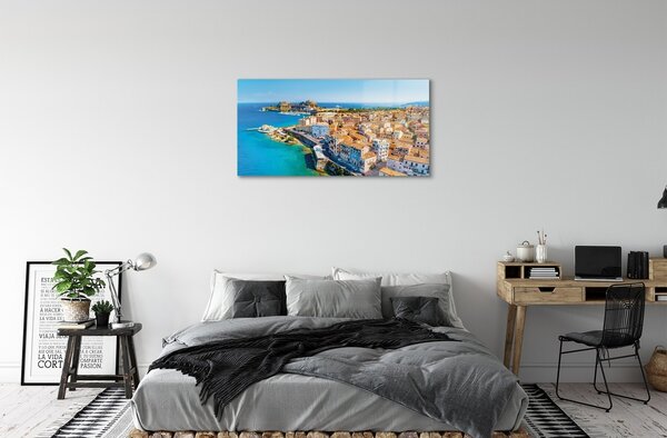 Quadro vetro Grecia mare città costa 100x50 cm 2 appendini