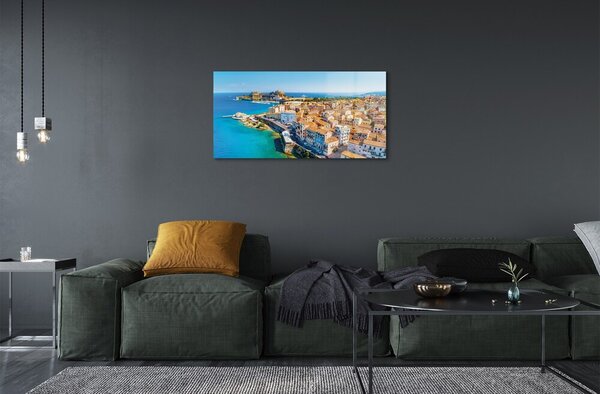Quadro vetro Grecia mare città costa 100x50 cm 2 appendini