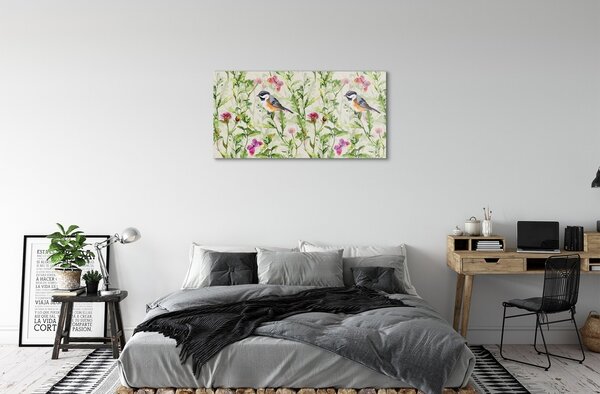 Quadro in vetro Uccello nell'erba 100x50 cm 2 appendini
