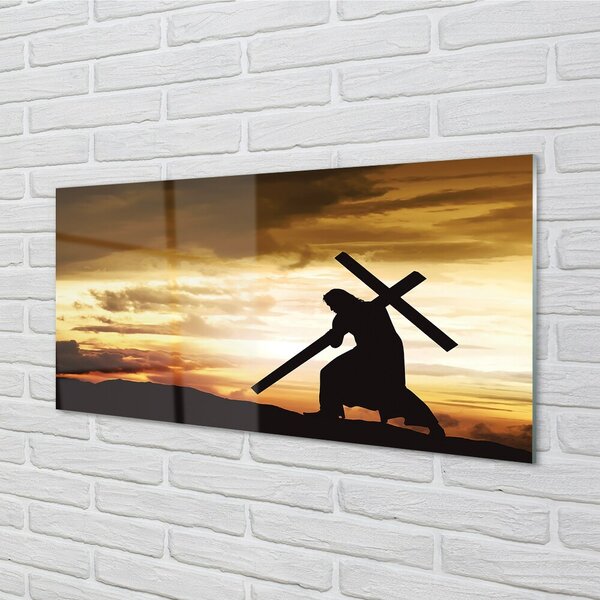 Quadro vetro Gesù croce al tramonto 100x50 cm 2 appendini