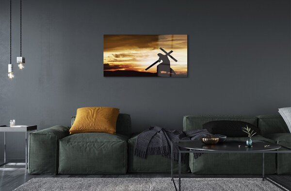 Quadro vetro Gesù croce al tramonto 100x50 cm 2 appendini