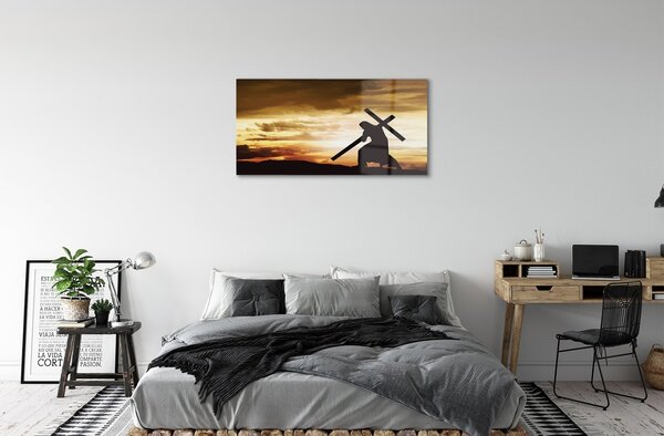 Quadro vetro Gesù croce al tramonto 100x50 cm 2 appendini