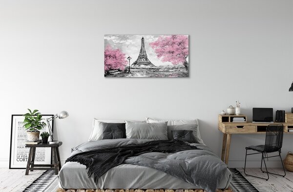 Quadro in vetro Parigi alberi primavera 100x50 cm 2 appendini