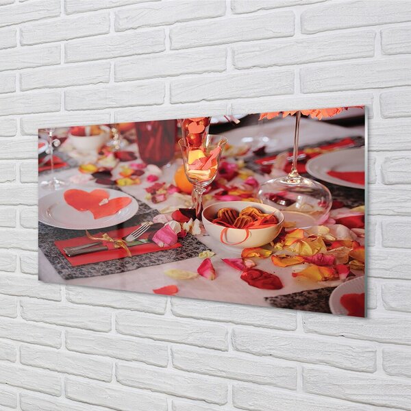 Quadro in vetro Bicchieri da pranzo con petali di rosa hearts 100x50 cm 2 appendini