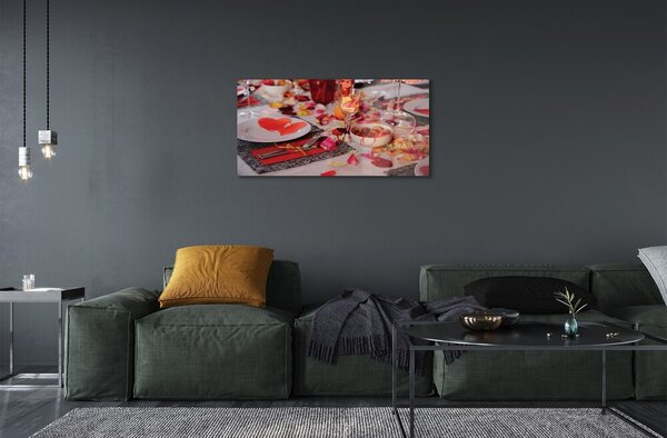 Quadro in vetro Bicchieri da pranzo con petali di rosa hearts 100x50 cm 2 appendini