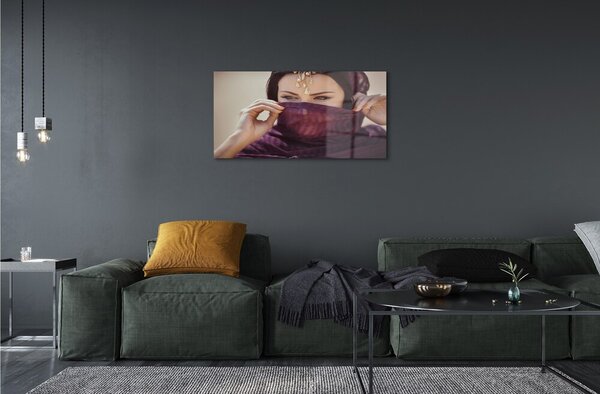 Quadro su vetro Tessuto donna viola 100x50 cm 2 appendini