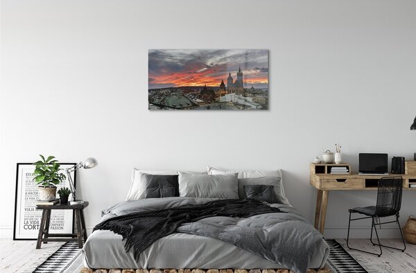 Quadro in vetro Panorama di cracovia al tramonto 100x50 cm 2 appendini