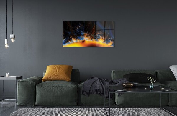 Quadro su vetro Frattali gialli e blu 100x50 cm 2 appendini