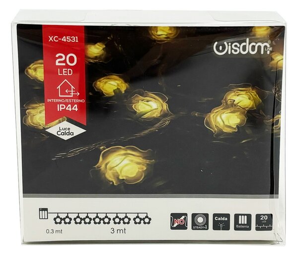 Catena decorata con 20 Rose luminose a Led Bianco Caldo fisso e intermittente 3 metri a batteria Wisdom
