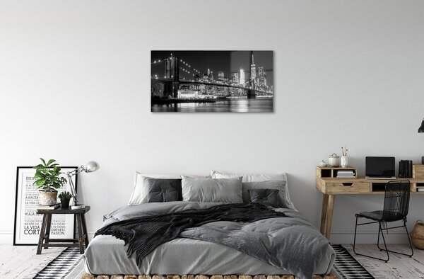 Quadro vetro Ponte grattacieli notte fiume 100x50 cm 2 appendini