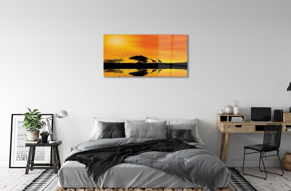 Quadro in vetro Giraffe lago albero ovest 100x50 cm 2 appendini