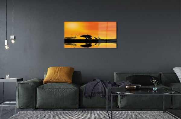 Quadro in vetro Giraffe lago albero ovest 100x50 cm 2 appendini