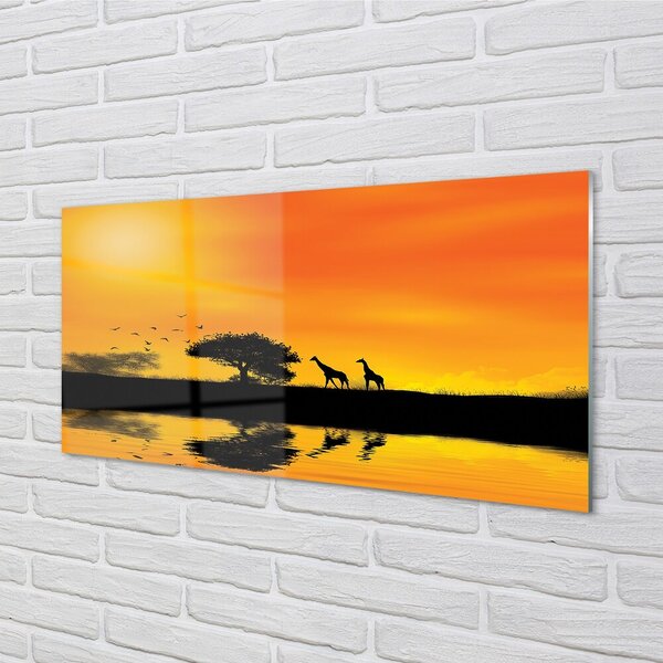Quadro in vetro Giraffe lago albero ovest 100x50 cm 2 appendini