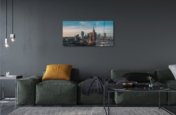 Quadro in vetro Grattacieli di varsavia panorama dell'alba 100x50 cm 2 appendini