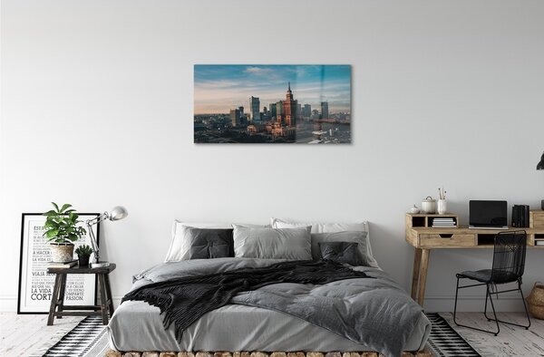Quadro in vetro Grattacieli di varsavia panorama dell'alba 100x50 cm 2 appendini