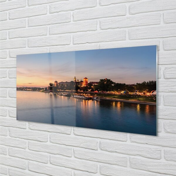 Quadro in vetro Cracovia tramonto del castello sul fiume 100x50 cm 2 appendini
