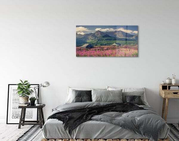 Quadro di vetro Campi di montagna cottage 100x50 cm 2 appendini