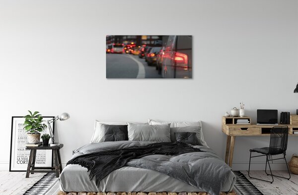 Quadro su vetro Auto ingorgo stradale luci della città 100x50 cm 2 appendini