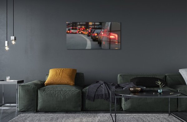 Quadro su vetro Auto ingorgo stradale luci della città 100x50 cm 2 appendini