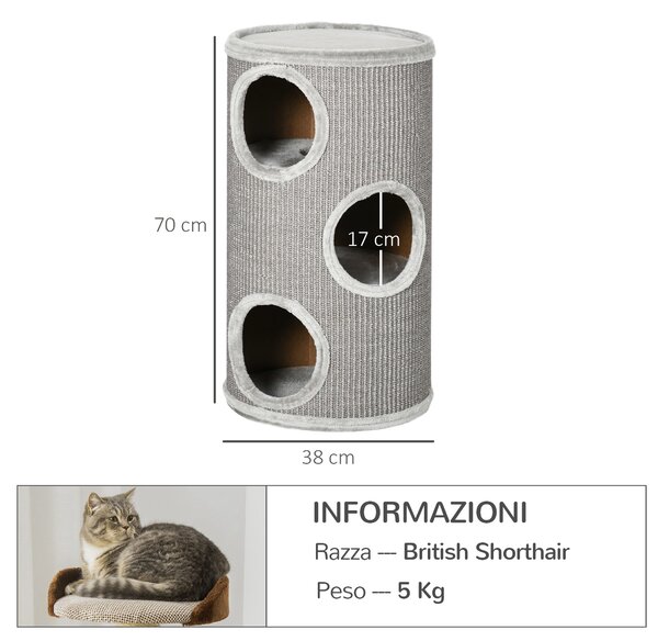 PawHut Cuccia per Gatti a 3 Livelli con Tiragraffi in Sisal e Peluche, Ø38x70cm, Grigio Chiaro|Aosom