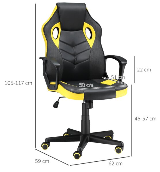 Vinsetto Sedia Gaming Ufficio Girevole, Rotelle, Similpelle, Altezza Regolabile - Nero/Giallo, Ergonomia e Stile per il Tuo Spazio di Lavoro.|Aosom