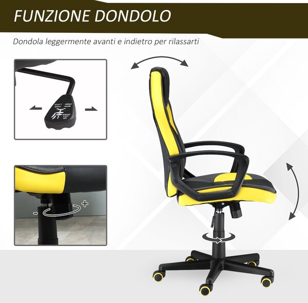 Vinsetto Sedia Gaming Ufficio Girevole, Rotelle, Similpelle, Altezza Regolabile - Nero/Giallo, Ergonomia e Stile per il Tuo Spazio di Lavoro.|Aosom