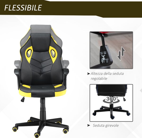 Vinsetto Sedia Gaming Ufficio Girevole, Rotelle, Similpelle, Altezza Regolabile - Nero/Giallo, Ergonomia e Stile per il Tuo Spazio di Lavoro.|Aosom