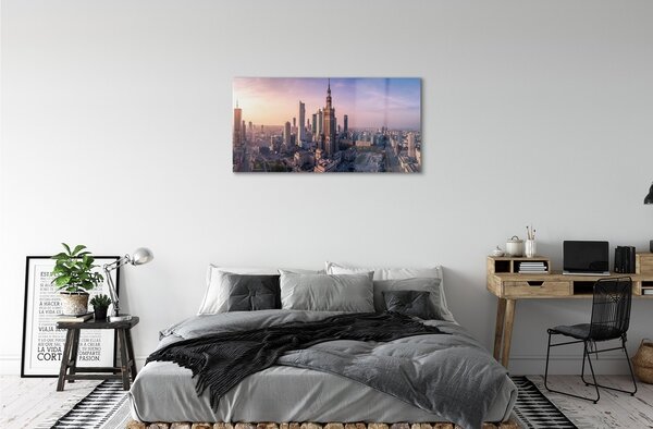 Quadro in vetro Panorama dei grattacieli all'alba di varsavia 100x50 cm 2 appendini