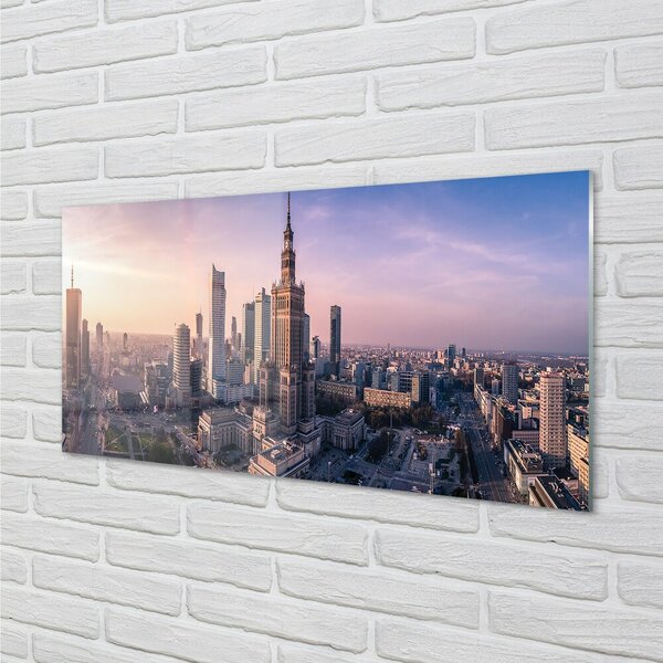 Quadro in vetro Panorama dei grattacieli all'alba di varsavia 100x50 cm 2 appendini