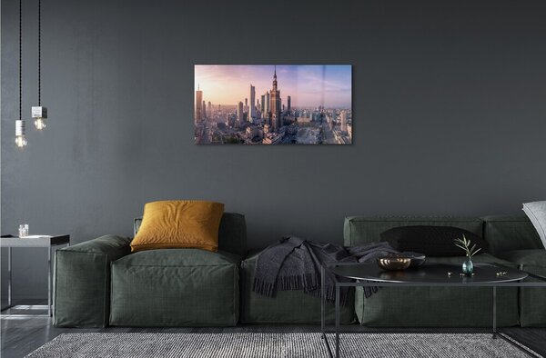 Quadro in vetro Panorama dei grattacieli all'alba di varsavia 100x50 cm 2 appendini