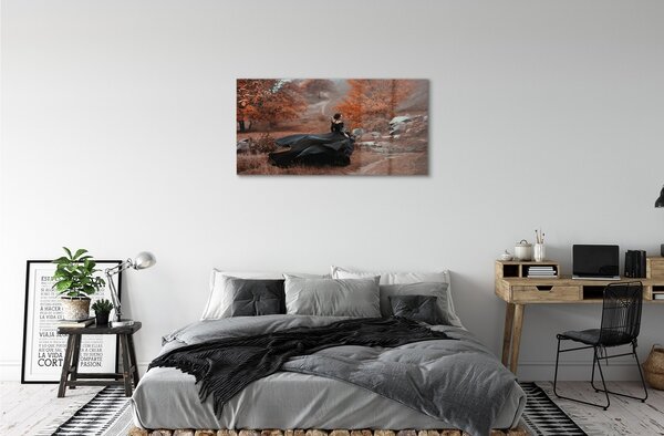 Quadro in vetro Donna montagna d'autunno 100x50 cm 2 appendini