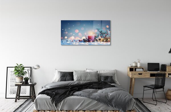 Quadro su vetro Candela di natale innevata 100x50 cm 2 appendini