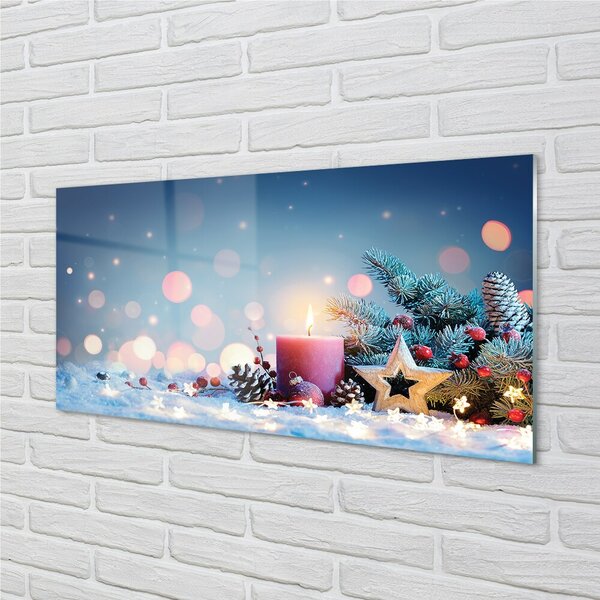 Quadro su vetro Candela di natale innevata 100x50 cm 2 appendini