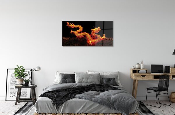 Quadro di vetro Drago d'oro 100x50 cm 2 appendini