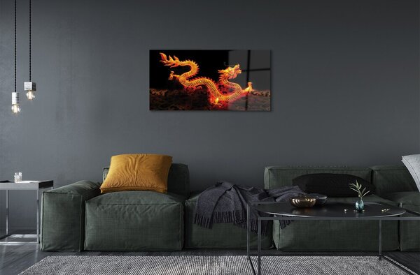 Quadro di vetro Drago d'oro 100x50 cm 2 appendini