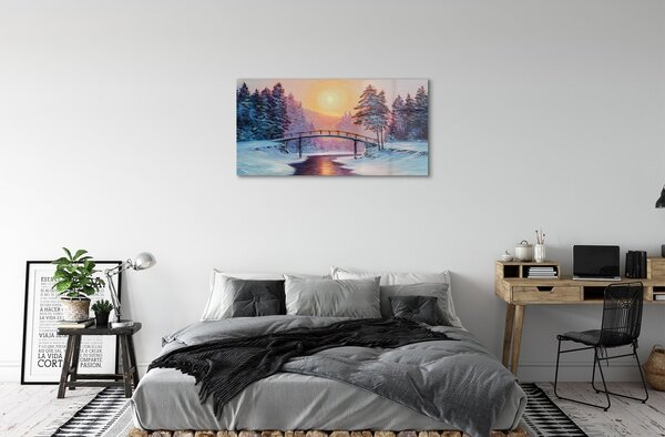 Quadro su vetro Alberi invernali neve est 100x50 cm 2 appendini
