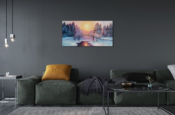 Quadro su vetro Alberi invernali neve est 100x50 cm 2 appendini