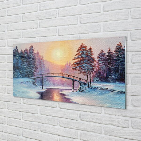 Quadro su vetro Alberi invernali neve est 100x50 cm 2 appendini