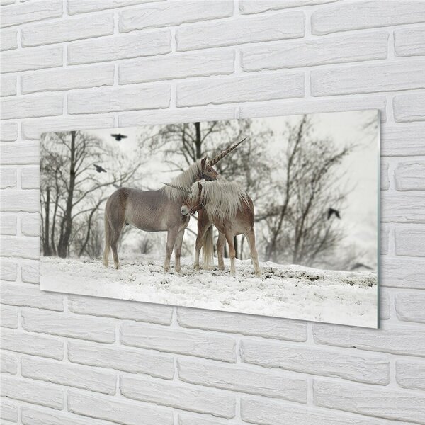 Quadro vetro Foresta di unicorni invernali 100x50 cm 2 appendini