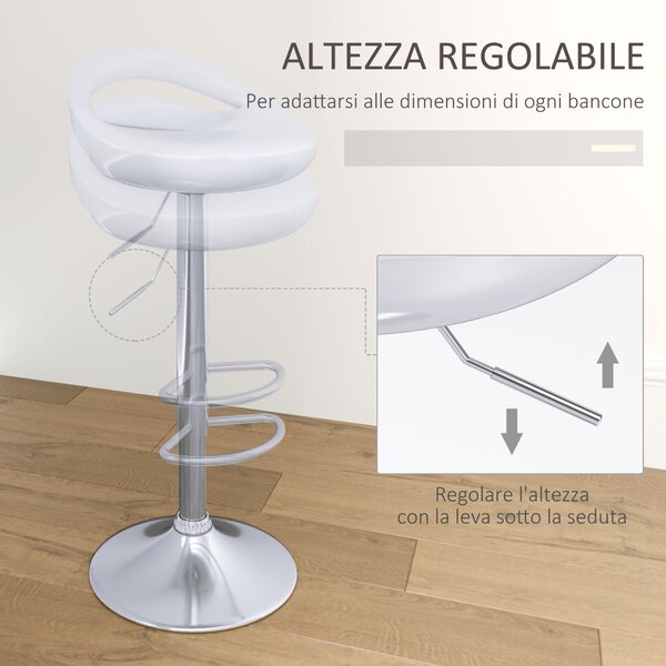 HOMCOM Set 2 Sgabelli da Bar Girevoli con Poggiapiedi, Altezza Regolabile Base in Acciaio Seduta in ABS, Bianco