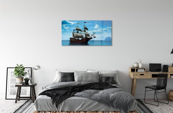 Quadro in vetro Nave cielo nuvola mare 100x50 cm 2 appendini