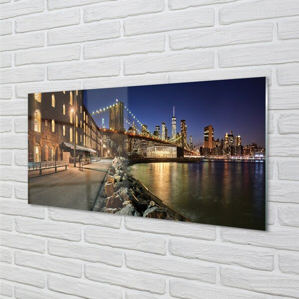 Quadro vetro Grattacieli notturni del fiume 100x50 cm 2 appendini