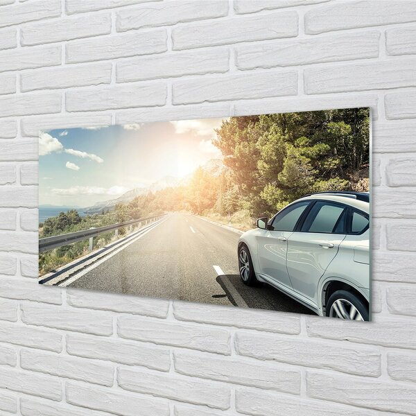 Quadro vetro Nuvola montagne auto strada alberi 100x50 cm 2 appendini