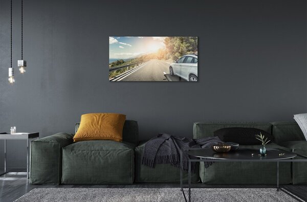 Quadro vetro Nuvola montagne auto strada alberi 100x50 cm 2 appendini