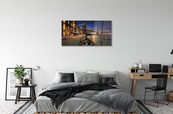 Quadro vetro Grattacieli notturni del fiume 100x50 cm 2 appendini