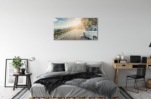 Quadro vetro Nuvola montagne auto strada alberi 100x50 cm 2 appendini